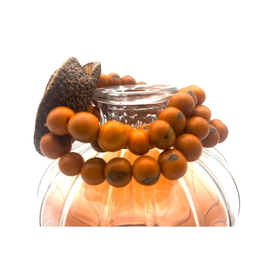 Boho Wood Bead Bracelet with Natural flower‎ Pod Accent - Stretchy orange